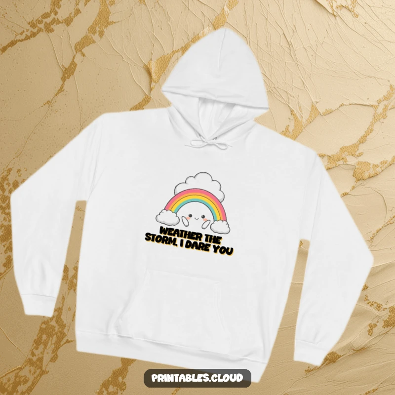 Funny hoodie showing a mischievous cloud character artistically bending a small rainbow, radiating whimsical fun and cozy vibes.
