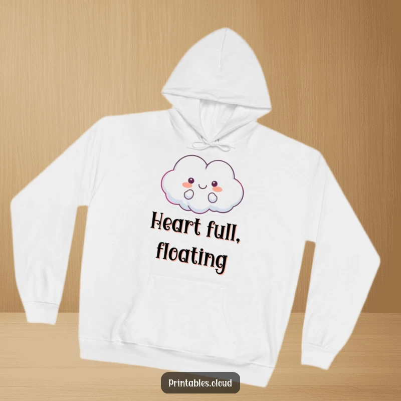 Funny, cozy hoodie with a heart-shaped cloud character floating happily, perfect for spreading warmth and love.