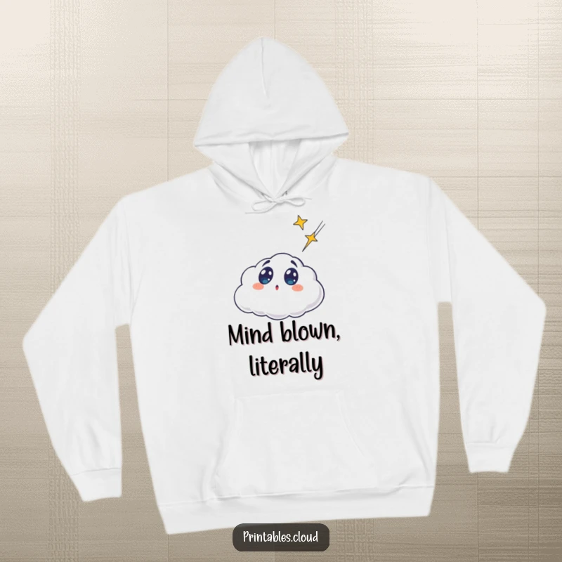 Funny surprised cloud character, wide-eyed at a shooting star, on a warm hoodie, perfect for cozy, humorous stargazing.