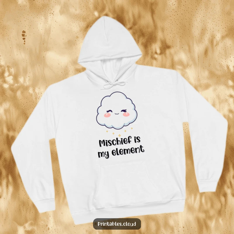 Funny hoodie featuring a mischievous cloud character winking and dropping a cascade of shimmering sparkles, cozy and delightful.