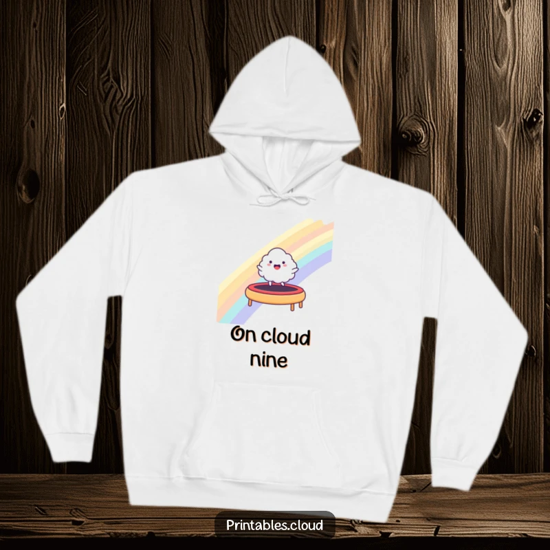 Funny hoodie featuring a happy cloud character bouncing on a rainbow trampoline, promoting warmth and playful vibes.