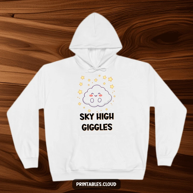 Funny Hoodie: A happy cloud character giggles while rolling across a starry sky, offering comfort and dreamy vibes.