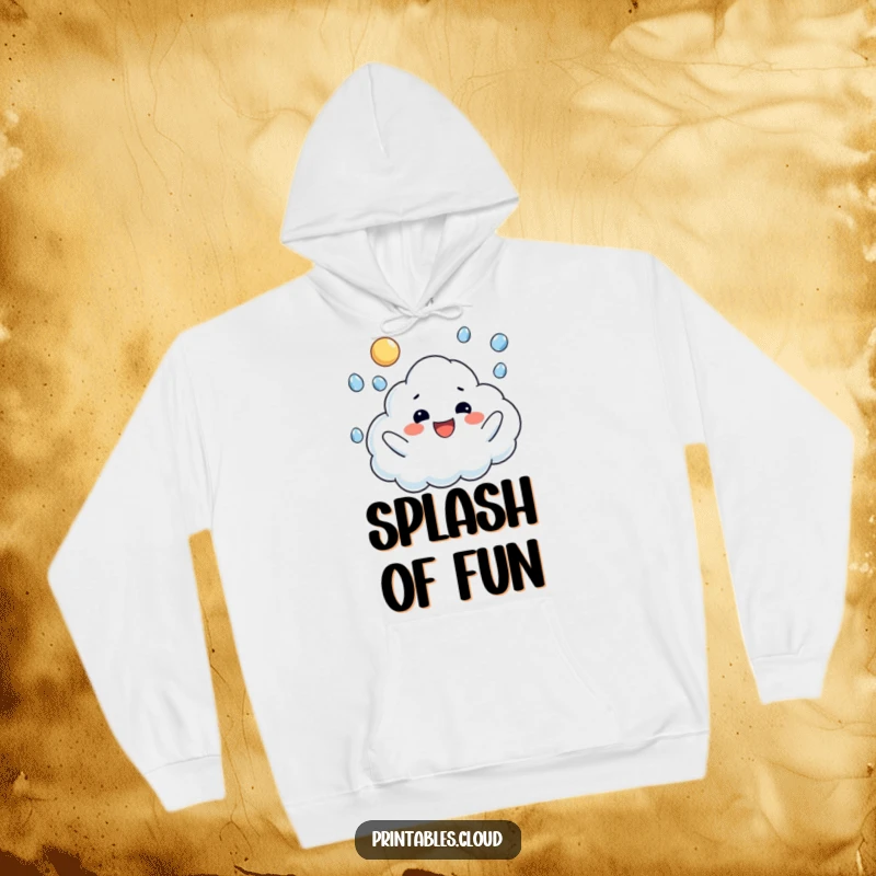 Funny hoodie featuring a smiling cloud character juggling raindrops, combining warmth with cheerful, wet-weather fun.