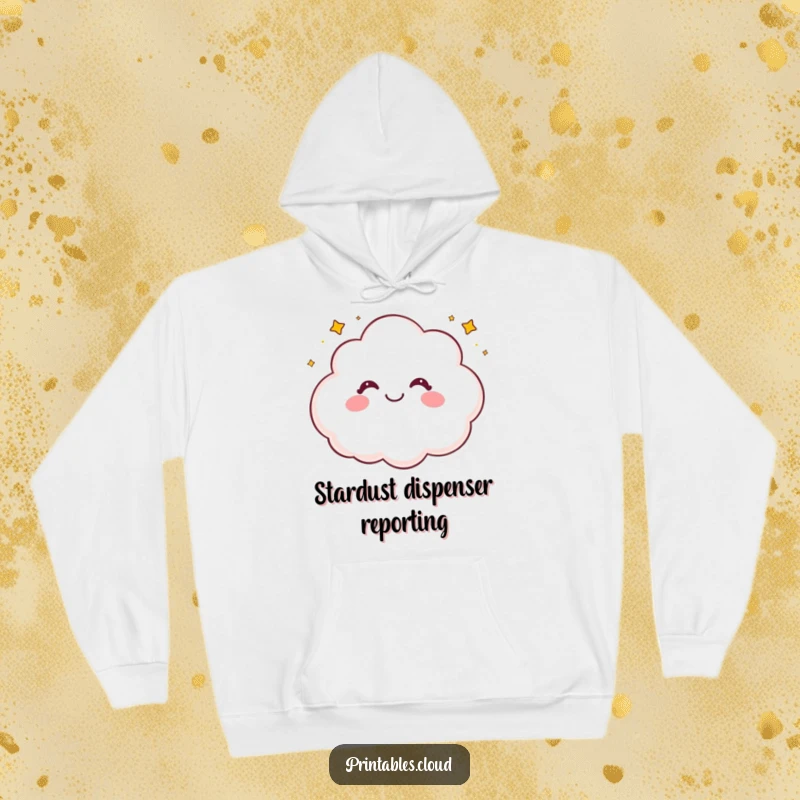 Funny hoodie featuring a contented, giggling cloud character releasing a shower of tiny, sparkling stars in a warm embrace.