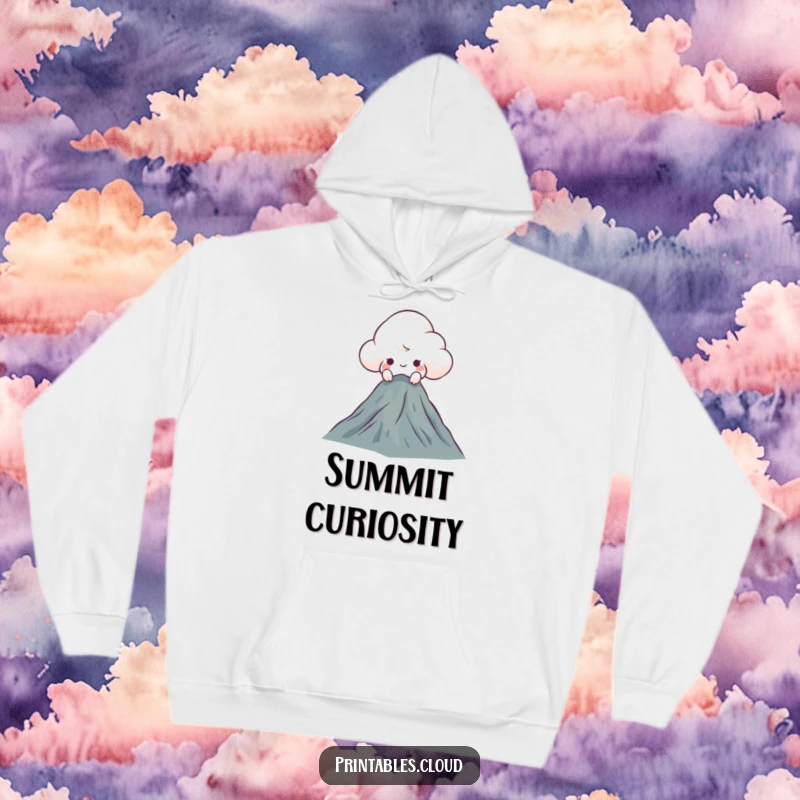 Funny curious cloud hoodie, peeking over a mountain summit, offering warmth and humorous inspiration for explorers.