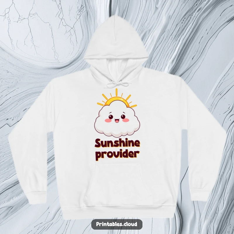 Funny, cozy hoodie with a cloud character offering a warm ray of sunshine, perfect for staying warm and spreading positivity.