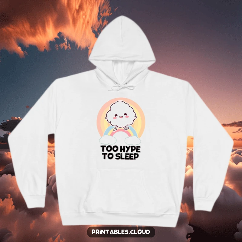Funny hoodie featuring a leggy, jubilant cloud character joyfully bouncing on a bright rainbow, perfect for cozy smiles.