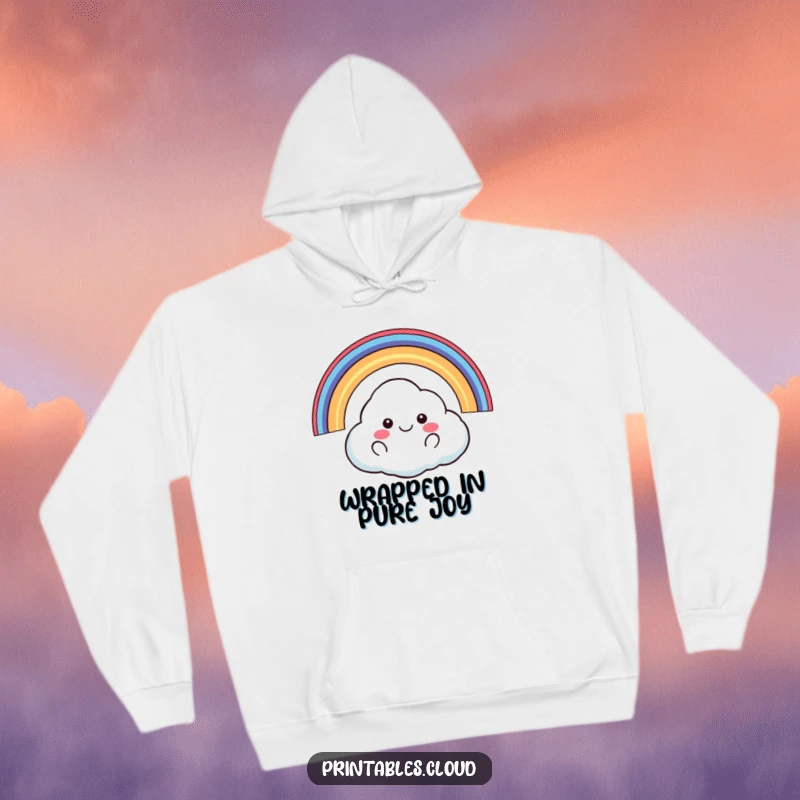 Funny happy cloud floating with rainbow arching over it hoodie, warm, cheerful, great funny gift.