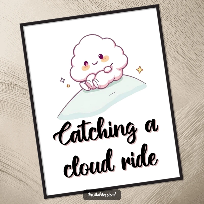 Funny Free Printable Wall Art: A cloud character gleefully sliding down a soft, misty slope.