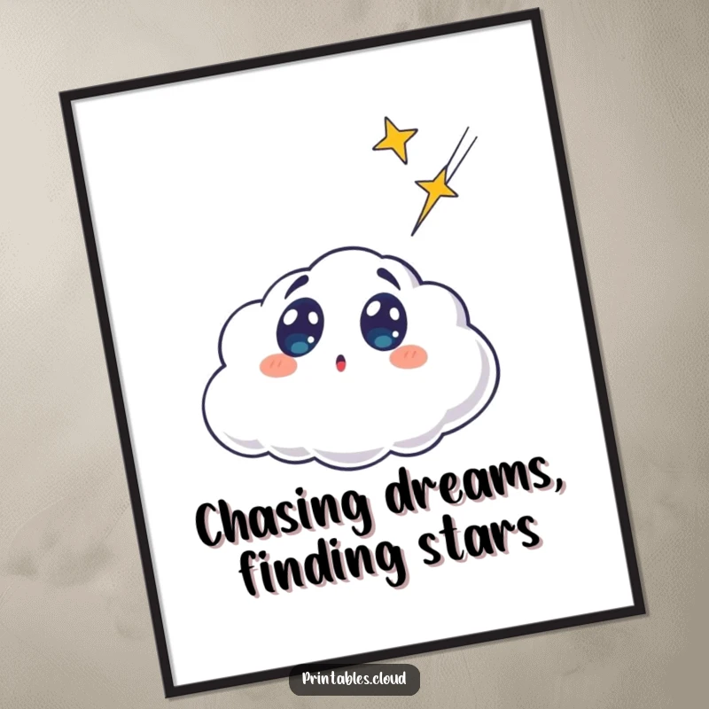 Funny Free Printable Wall Art: Surprised cloud character wide-eyed at a shooting star, whimsical, downloadable decor.