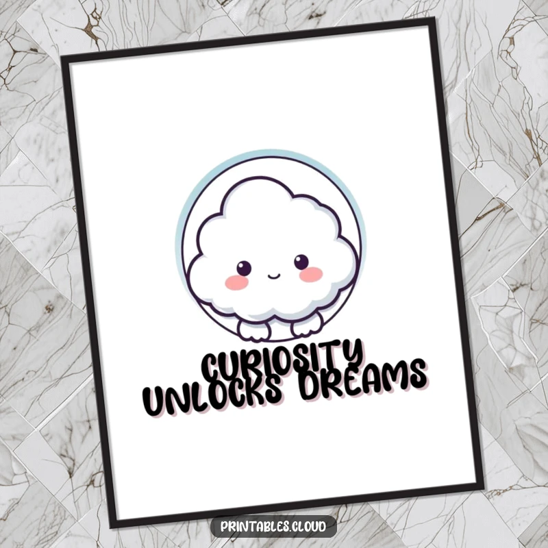 Funny free printable wall art showing a curious cloud character peeking inquisitively through a distinct keyhole shape.