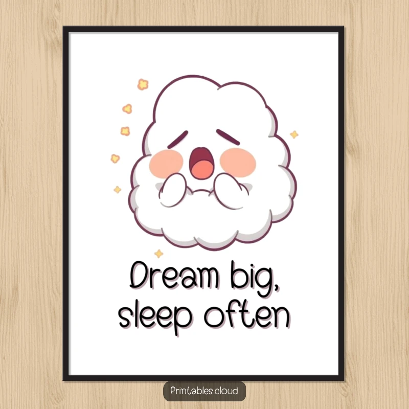 Funny Free Printable Wall Art: Sleepy cloud character yawns, releasing soft glowing dust. Adorable and humorous downloadable decor.