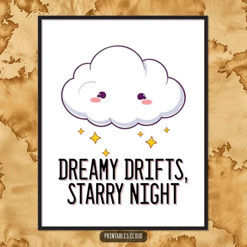 Funny Free Printable Wall Art: a dreaming cloud with stars gently drifting, creating a tranquil, starry scene. Downloadable art.