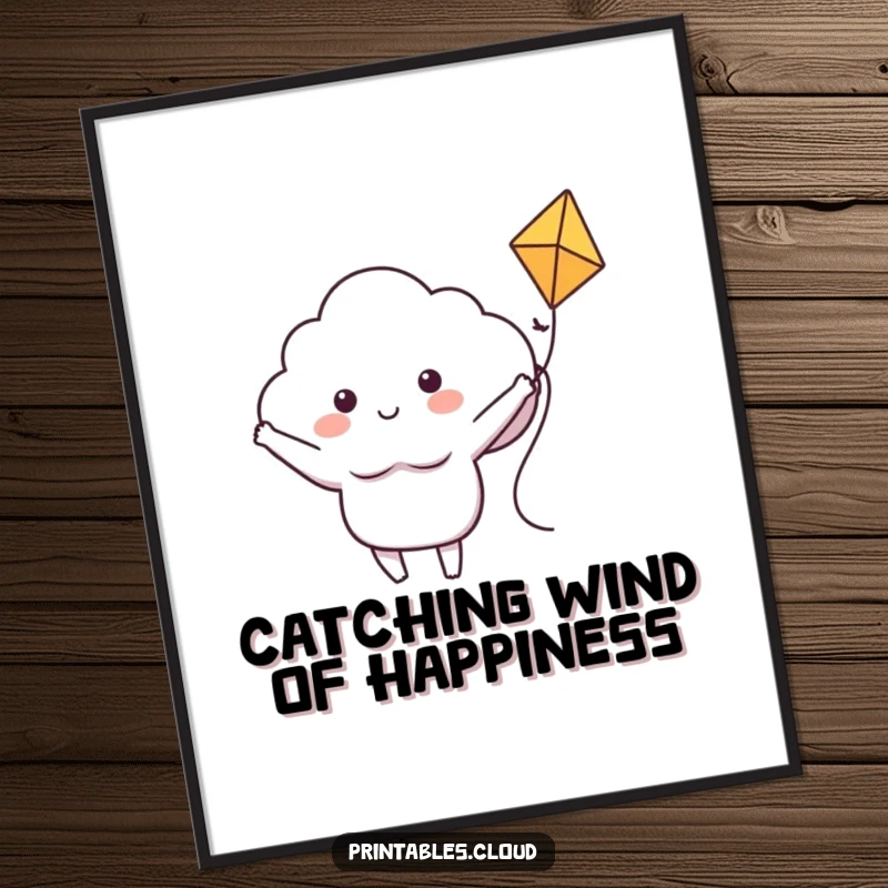 Funny Free Printable Wall Art: A charming cloud character joyfully riding a kite with arms spread wide.