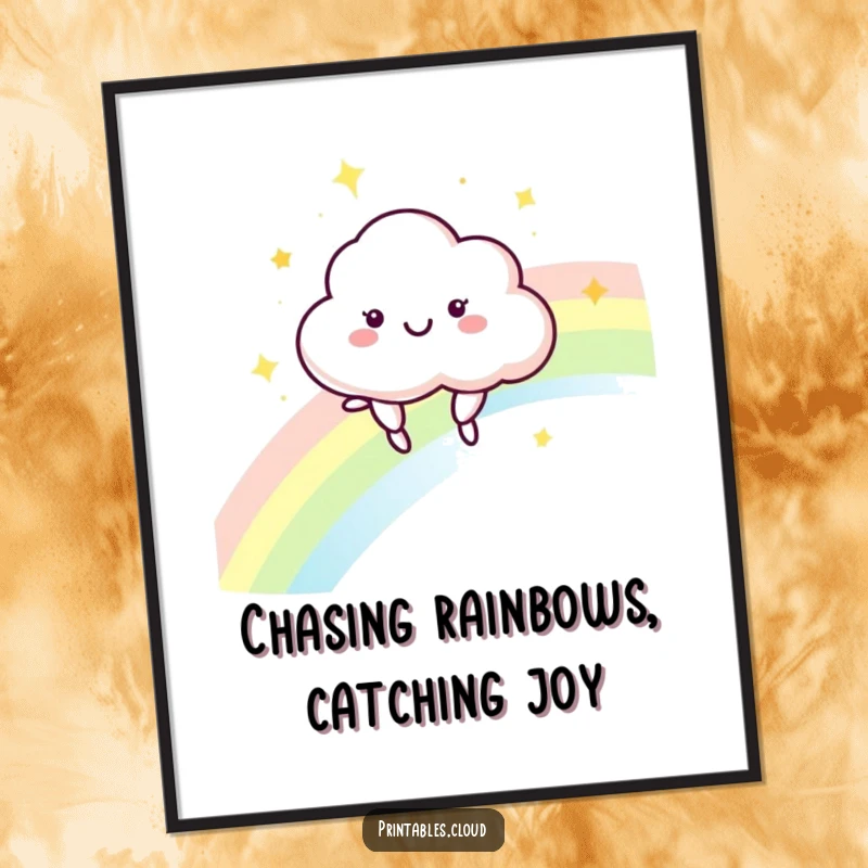 Funny Free Printable Cloud Wall Art: A happy cloud character joyfully bounces on a shimmering, colorful rainbow.