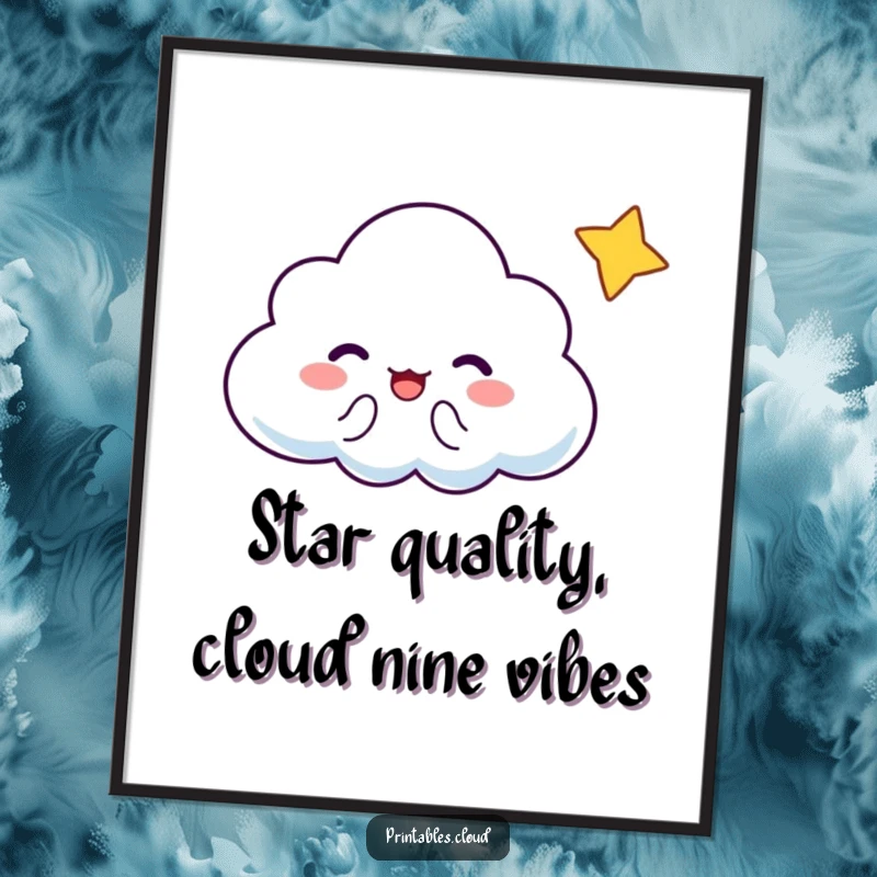 Funny Free Printable Cloud Wall Art: A cloud character cheers as a tiny star winks playfully at it.