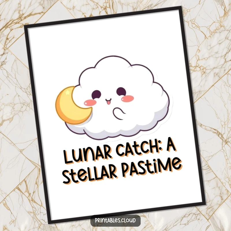 Funny Free Printable Wall Art: Cloud character plays catch with a small glowing moon, whimsical and humorous downloadable art.