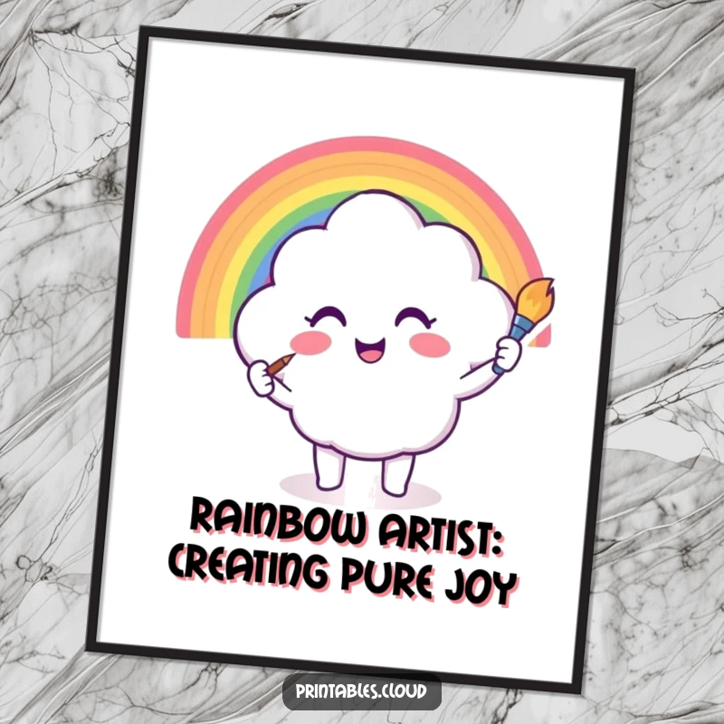 Funny Free Printable Wall Art: Happy cloud character enthusiastically paints a spectacular rainbow, cheerful and colorful downloadable art.