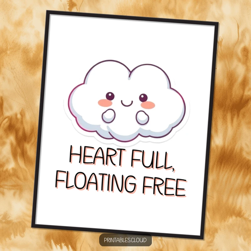 Funny Free Printable Wall Art of a cute, heart-shaped cloud character floating contentedly and radiating happiness.