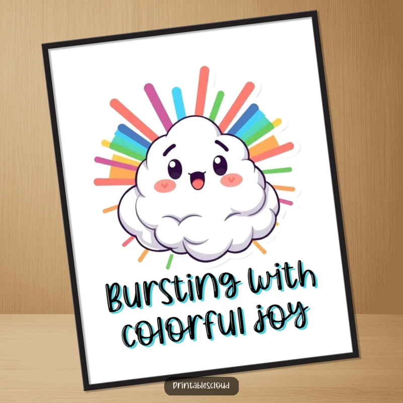 Funny Free Printable Wall Art: Surprised cloud character bursting with a spectacular, vibrant rainbow, a unique downloadable decor piece.
