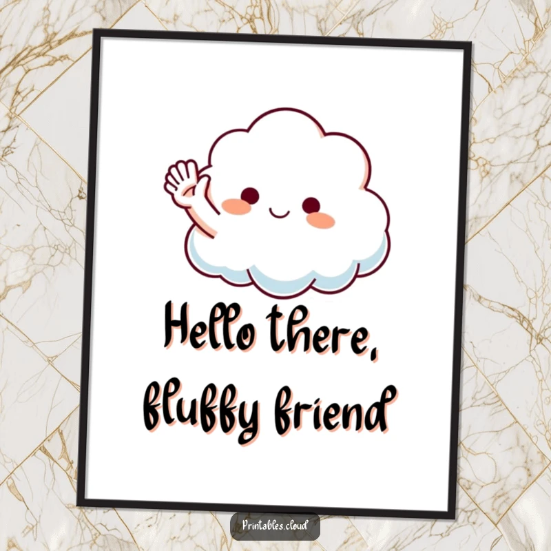 Funny Free Printable Wall Art: A fluffy cloud character waving a happy, playful arm illustration.
