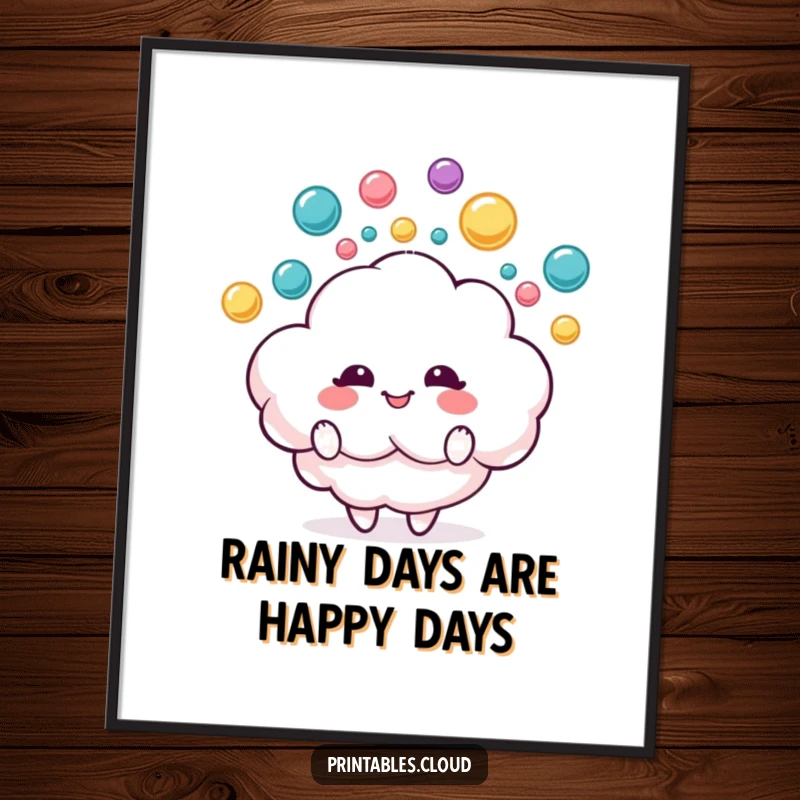 Funny Free Printable Wall Art: A delighted fluffy cloud character joyfully juggles a cascade of colorful raindrops, whimsical home decor.