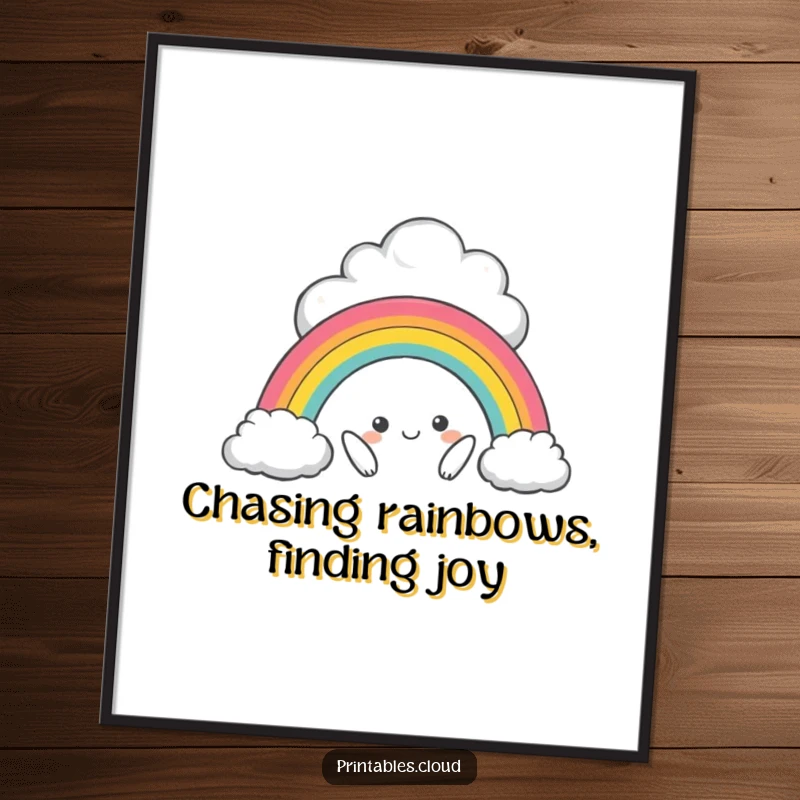 Funny Free Printable Wall Art: A mischievous cloud character beams as it conjures a delightful miniature rainbow, quirky wall decor.