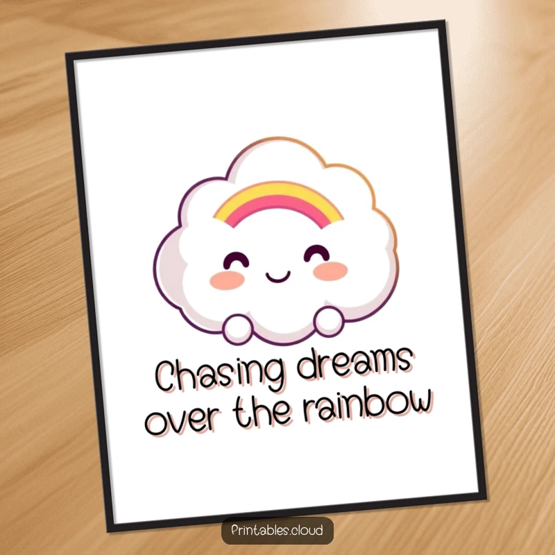 Funny Free Printable Wall Art: A smiling cloud character offers a soft, glowing rainbow, creating joy.