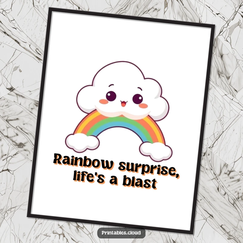 Funny Free Printable Wall Art: A wide-eyed surprised cloud peeking over a vibrant rainbow, bringing a touch of magic.