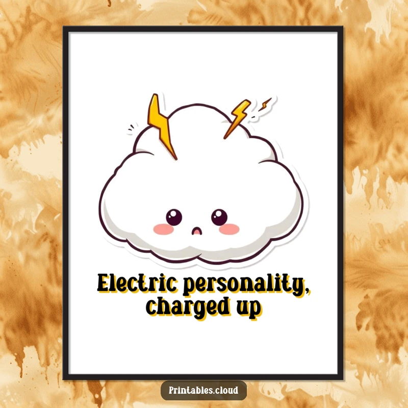 Funny Free Printable Wall Art: A surprised-looking white cloud character with bright yellow lightning bolts popping out dramatically.