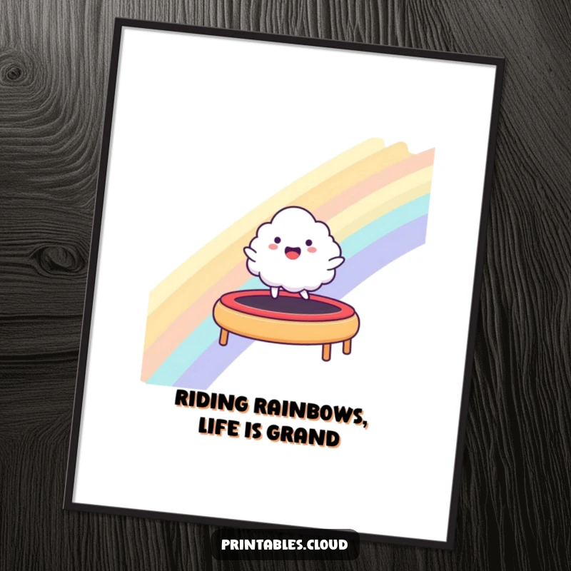 Funny Free Printable Wall Art: A happy cloud character enthusiastically bounces on a rainbow as if it were a trampoline, creating joyful downloadable art.