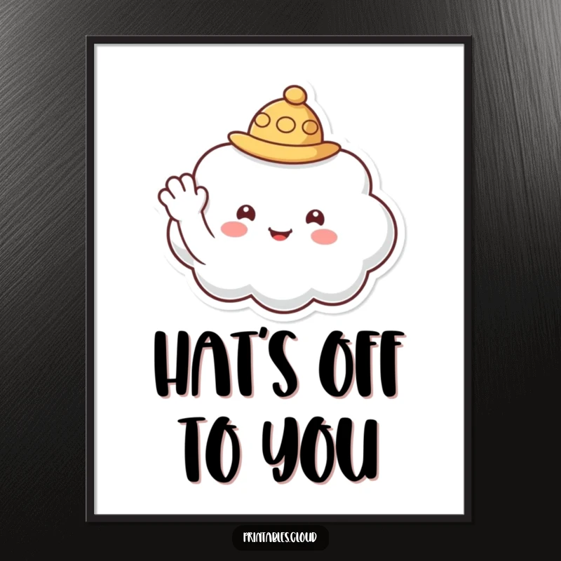 Funny Free Printable Wall Art: A smiling cloud wearing a tiny hat waves a cheerful hello.