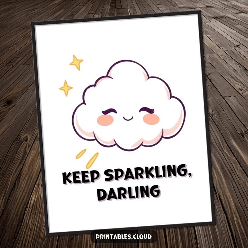 Funny Free Printable Wall Art: Winking cloud character winks, leaving a trail of glitter. Whimsical and sparkly downloadable art.