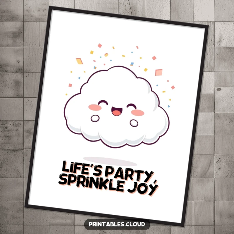 Funny Free Printable Wall Art: Joyful cloud character showers confetti made of light particles. A vibrant and celebratory downloadable decor.