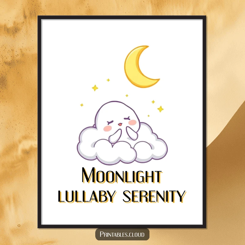 Funny Free Printable Wall Art of a cloud character serenading a crescent moon with a gentle, silent lullaby.