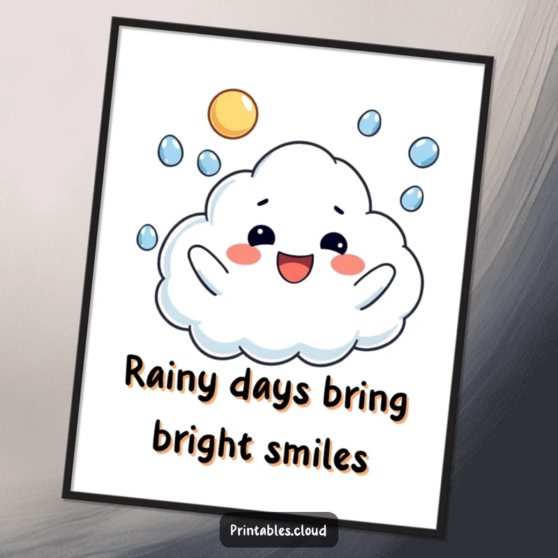 Funny Free Printable Wall Art: A happy white cloud character playfully juggling falling raindrops with a wide, joyful grin.