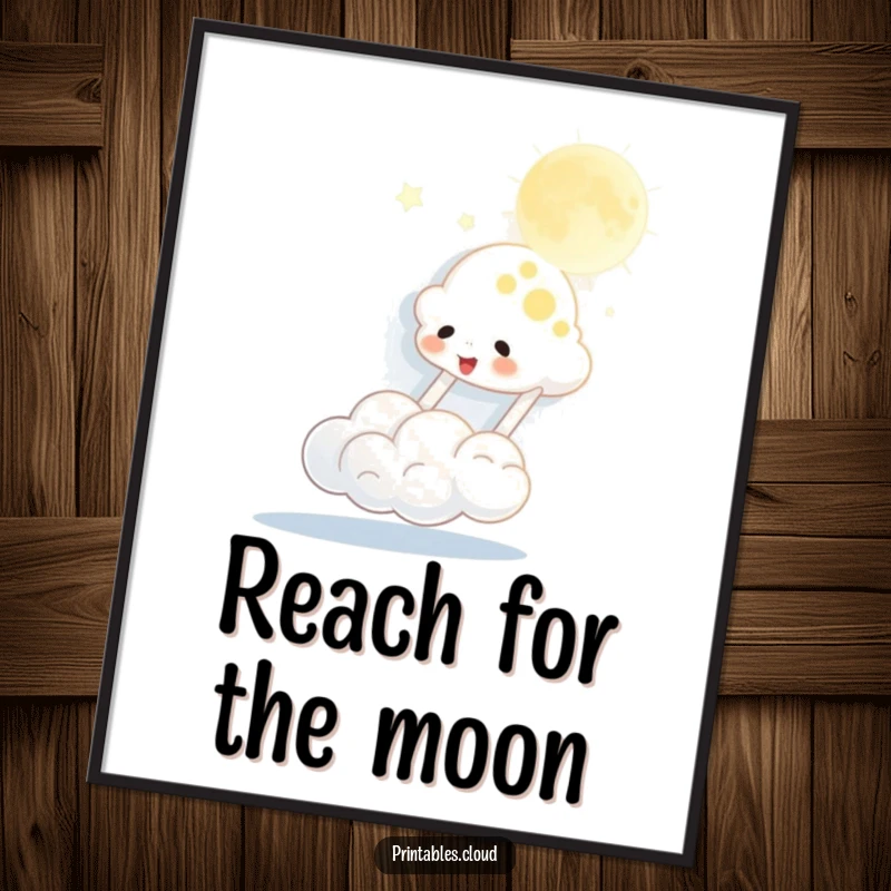 Funny free printable wall art featuring a cheerful cloud character energetically bouncing a radiant moon as if it were a playful ball.