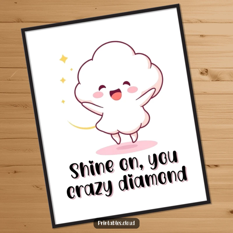 Funny Free Printable Wall Art: Delighted cloud character dances, trailing a swirl of light. Dynamic and uplifting downloadable art.