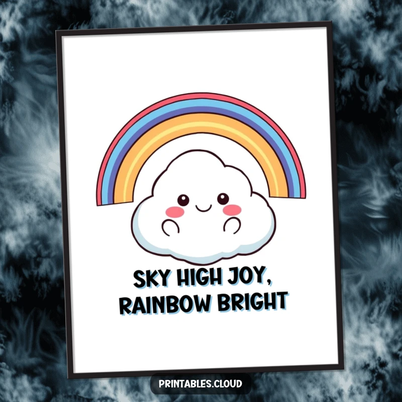 Funny Free Printable Wall Art: a happy cloud character floats with a rainbow arching over it, a vibrant, cheerful scene. Downloadable art.