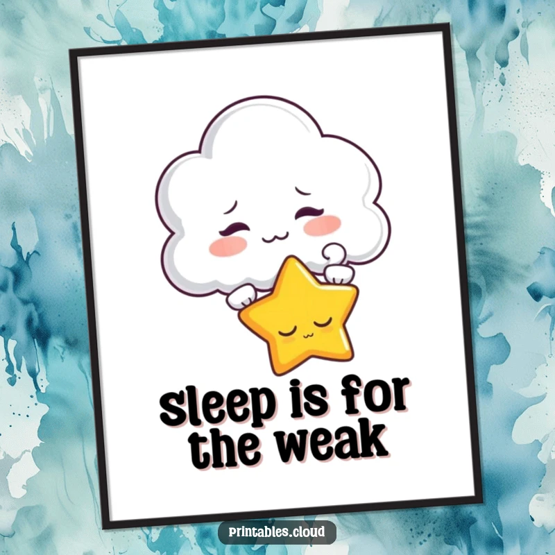 Funny free printable wall art of a mischievous cloud character gently teasing a cute, sleepy star with a small puff.