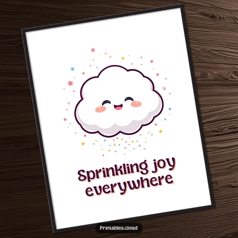 Funny Free Printable Wall Art: A cloud character chuckles as it spills a cascade of sparkling confetti.