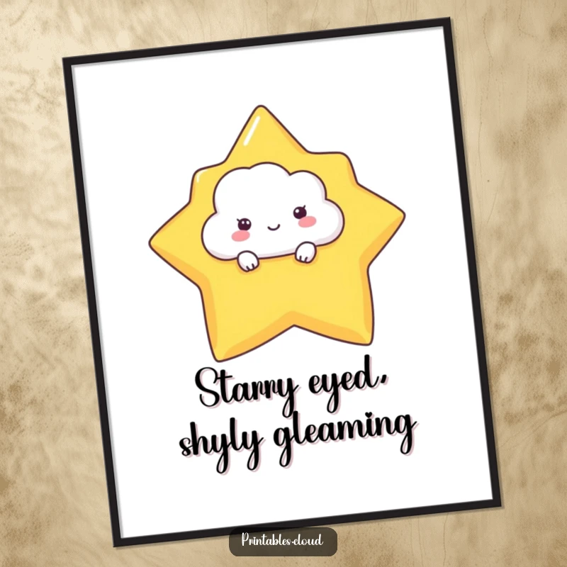 Funny Free Printable Wall Art: A shy cloud character peeking from behind a large, radiant star, bringing bashful charm to your decor.