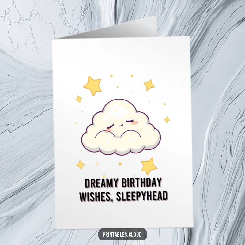 Sweet Free Printable Birthday Card: Sleepy cloud character drifting peacefully across a starry night sky