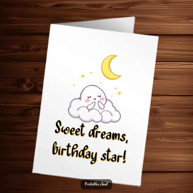 Funny Free Printable Birthday Card featuring a cloud character serenely singing a lullaby to a glowing crescent moon.