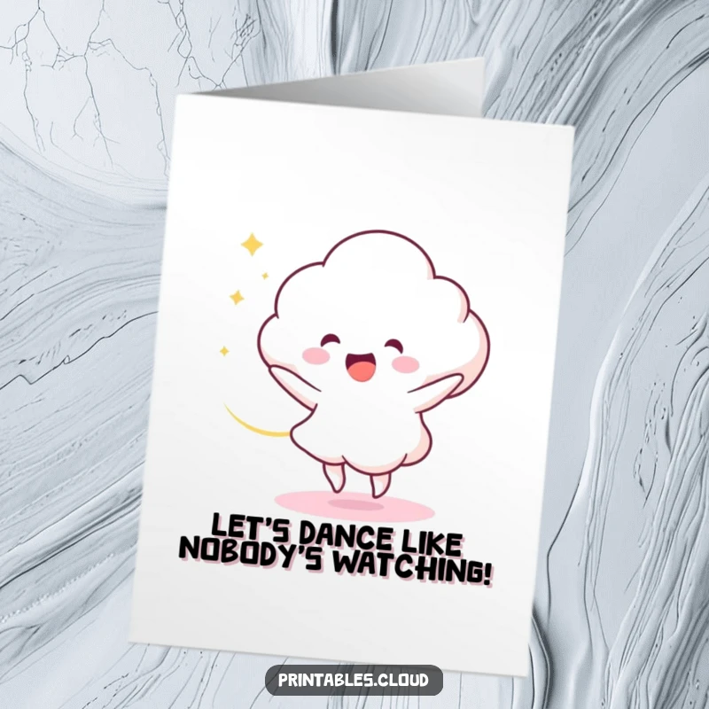 Funny Free Printable Birthday Card: Delighted cloud character dances, trailing a swirl of light. Energetic and celebratory design.