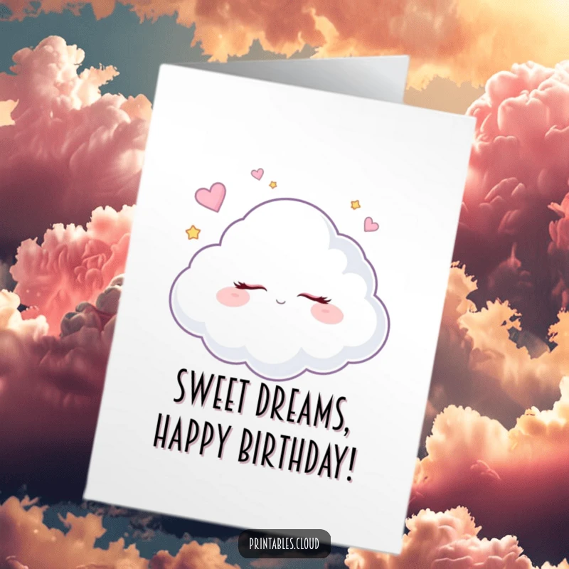 Funny Free Printable Birthday Card: A whimsical cloud with closed eyes, dreaming sweetly of sugar plums, ready for a birthday celebration.