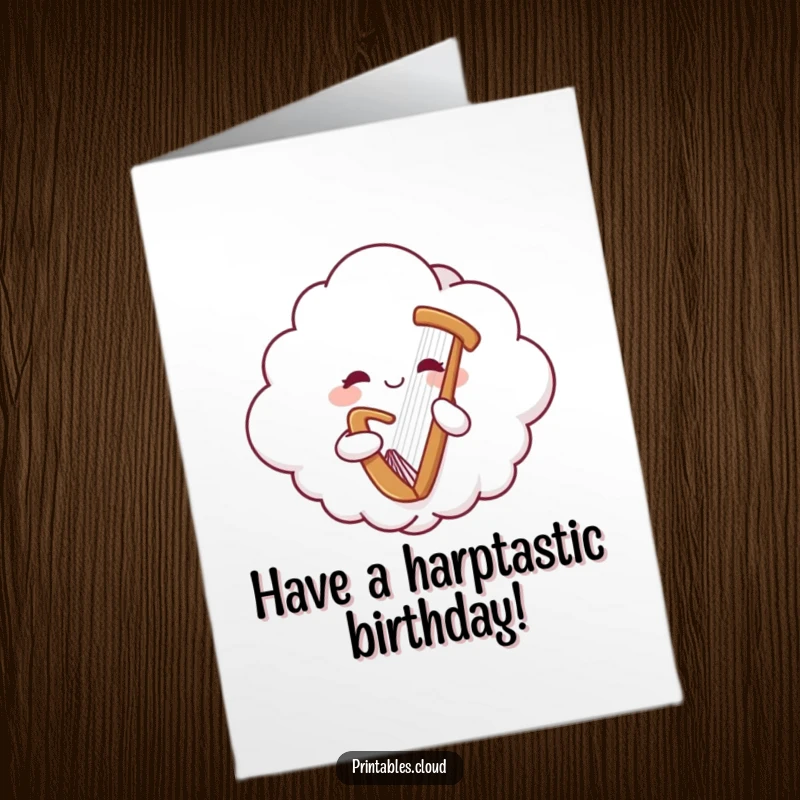 Funny free printable birthday card featuring a happy cloud character floating and playing a beautiful harp with gentle strings.