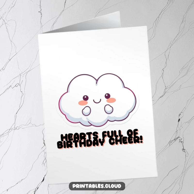 Funny Free Printable Birthday Card featuring a happy heart-shaped cloud character floating joyfully through the sky.
