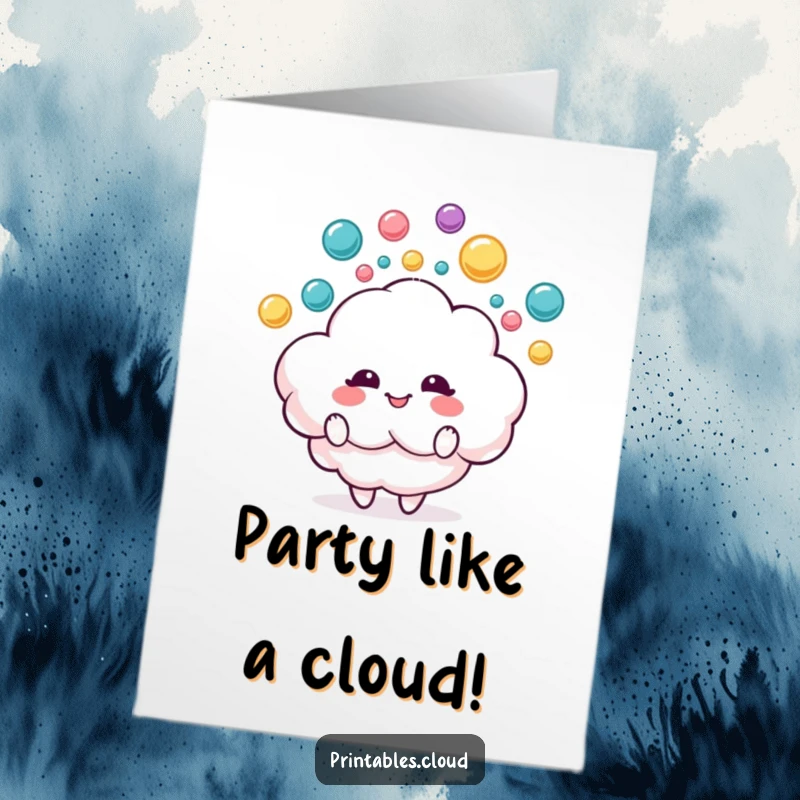 Funny Free Printable Birthday Card: A delighted fluffy cloud juggles colorful raindrops, wishing a joy-filled birthday.
