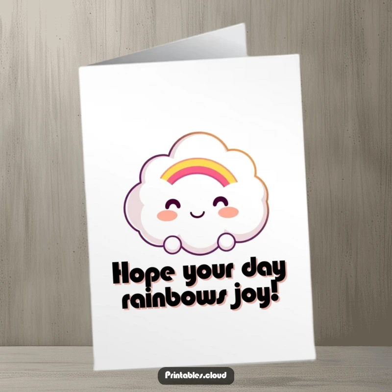 Funny Free Printable Birthday Card: Smiling cloud happily offers a soft, glowing rainbow, spreading cheer.